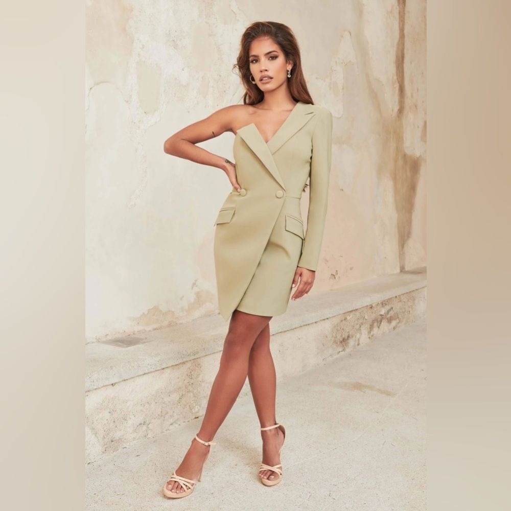 Lavish Alice One Shoulder Blazer Cocktail Mini Dress In Sage Green Size 2 (Us)